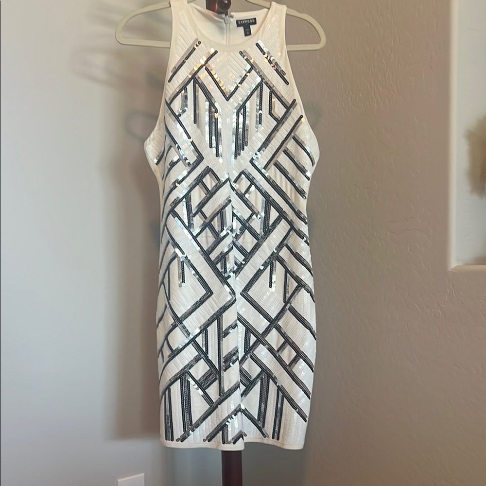 White and Black Geometric Sequin Dress